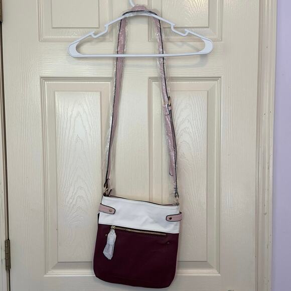 NWT MKF Mia K. Collection Camilla Leather Crossbody Purse Burgundy White Pink - Picture 4 of 8